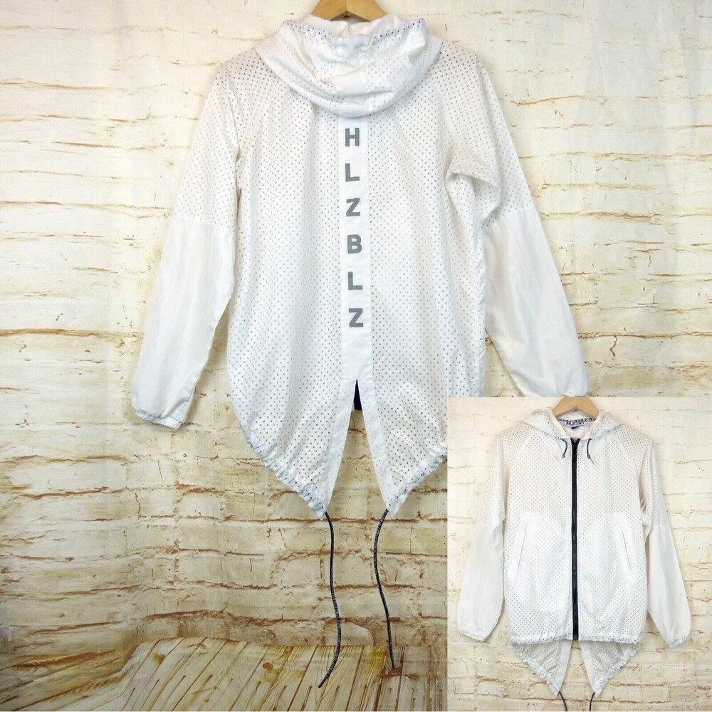 HLZBLZ Windbreaker Jacket Womens S White Perforated Zip Logo Hoodie Sporty Y2K